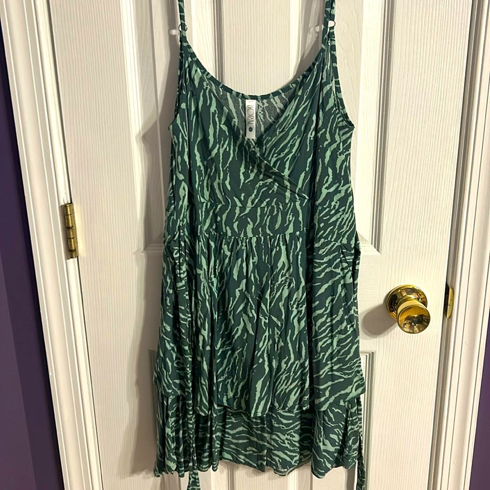 NWOT, Green sundress with layered bottom, tie back, and adjustable straps